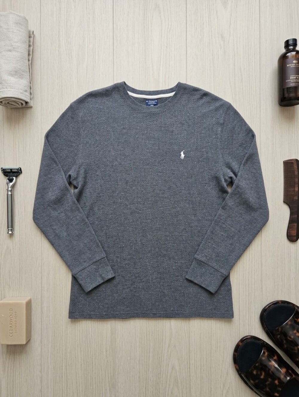 Polo Ralph Lauren Mens Large Grey Pony Waffle Knit Thermal 100% Cotton Sleepwear